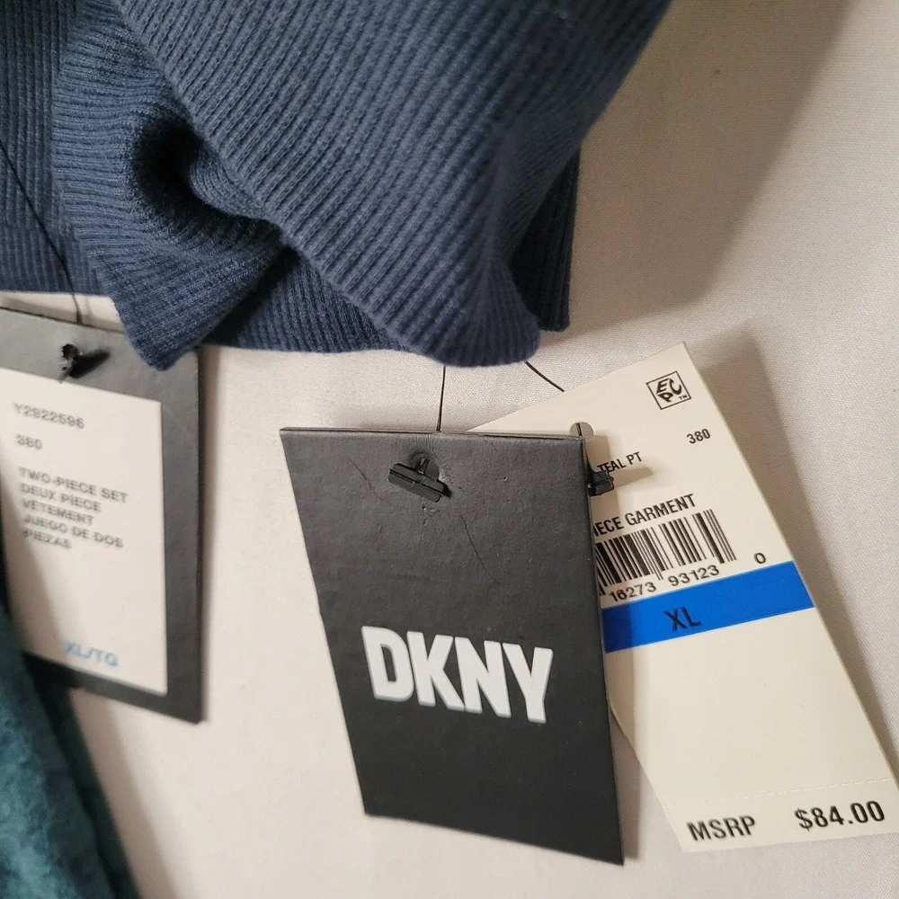 DKNY Womens Teal Logo Print Henley Top and Wide Leg Pajama Set XL New Lounge - Picture 3 of 16